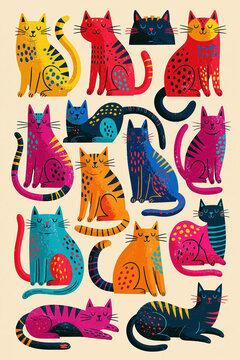 Naive, hand-drawn 3x4 grid illustration of 12 quirky cats in various poses, vibrant color palette lemon yellow, crimson red, cobalt blue, magenta pink, turquoise teal, bright orange, d - AI-Generated
