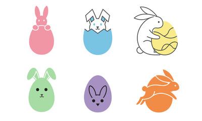 Fototapeta premium Collection of six cute cartoon Easter bunny illustrations in pastel colors, each with a unique design, perfect for spring celebrations and holiday themes