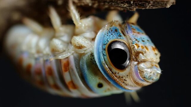 Close-up of a colorful, segmented isopod with a large eye and intricate detail