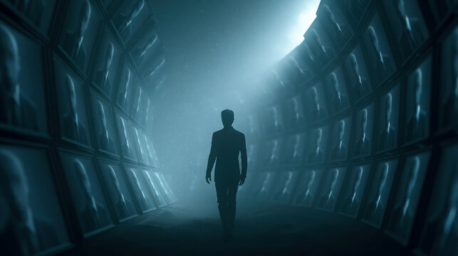 A symmetrical arrangement of screens forming a circular tunnel, showing the same faceless figure cool cyan-blue palette with particle haze, ultra-detailed bezels, and cinematic 8K qual - AI-Generated
