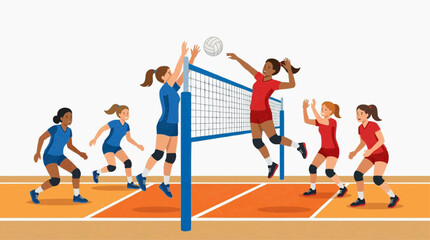 Obraz premium Group of young women playing volleyball match on court