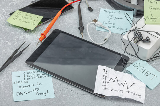 Cybersecurity and digital forensics concept. Professional OSINT investigator workspace with tablet