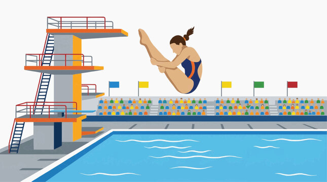 Professional female diver performing a tuck jump from a high diving platform at a swimming pool