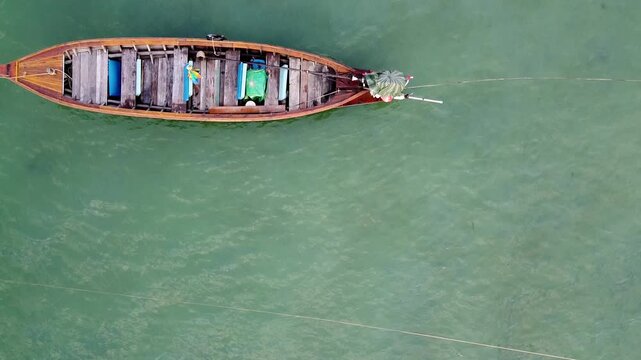 Long Tail Wooden Boats, classic Thailand transportation system, aerial overhead view
