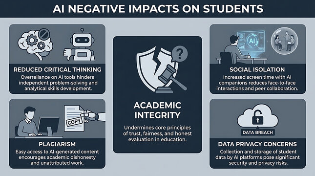 Educational infographic depicting adverse consequences of artificial intelligence on student learning focusing on diminished logic plagiarism academic dishonesty isolation and privacy risk.