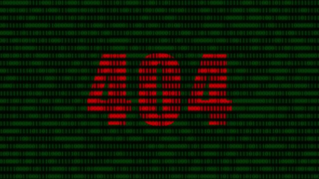 404 error message red binary code background, digital glitch concept, website not found notification animation