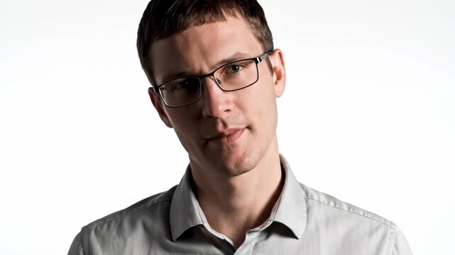 Young Man with Glasses Posing on White Background with Various Expressions.