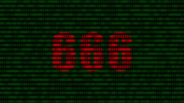 Red number 666 symbol on green binary code background, digital matrix style data stream animation for tech themes
