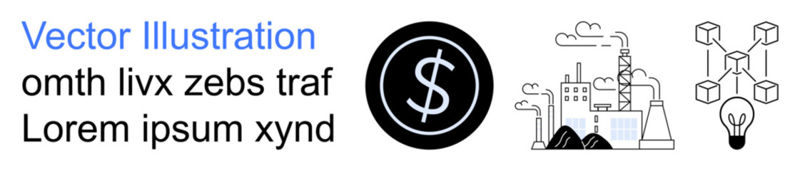 Fototapeta premium Finance, technology innovation, industry growth, blockchain networks, energy production, digital currency. Dollar symbol, industrial plant blockchain diagram. Finance and technology innovation