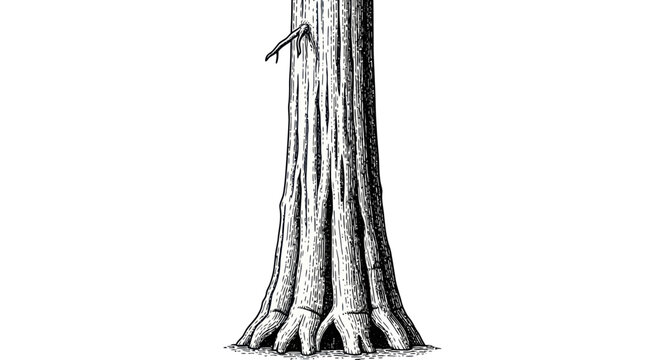 Drawing of a Giant Sequoia Tree Trunk with Textured Bark and Roots