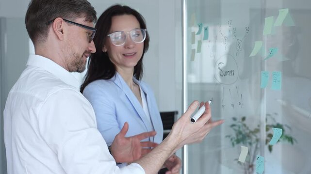 Business colleagues collaborating and problem solving, writing ideas and drawing a success mind map on a clear glass whiteboard with sticky notes during a meeting