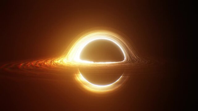 Front facing black hole with cinematic camera movement and glowing accretion disk expanding through deep space footage