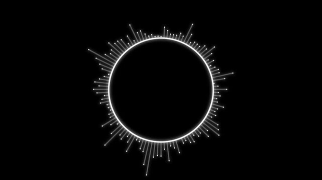Circular audio visualizer waveform, pulsing neon sound spectrum for music production and digital interface