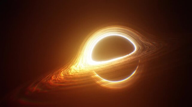 Cinematic black hole rotating through deep space with glowing accretion disk and dramatic cosmic light in realistic space footage