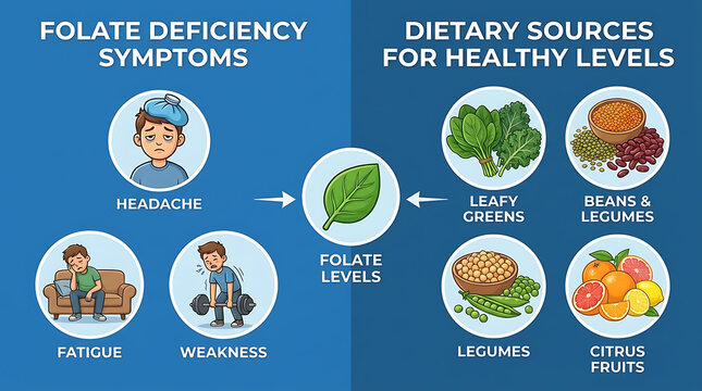 Comprehensive medical illustration of folate deficiency symptoms like fatigue headache weakness with nutritional dietary sources including leafy green spinach beans legumes and citrus fruits