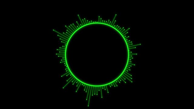 Neon green circular audio visualizer waveform loop, digital music equalizer interface for sound and data analysis
