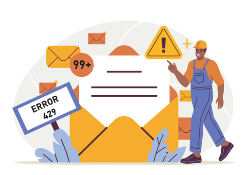 Image shows large envelope with warning sign and worker figure on light background, depicting email overload as modern issue and error concept. Hand-drawn vector illustration