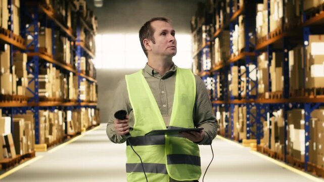 Adult male scanning AWB tags with scanner and tablet in warehouse facility, ensuring order fulfillment and production for supply chain. Employee checking cardboard boxes labels.