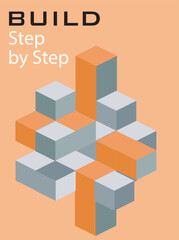 Fototapeta premium Geometric cubes forming a stacked structure in flat style on a soft orange background, representing the concept of growth and progress. Hand-drawn vector illustration