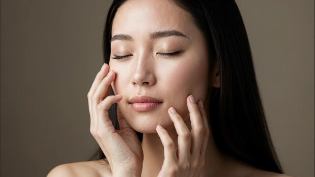 Serene Beauty: An Asian woman with closed eyes delicately caresses her flawless skin, embodying tranquility and natural beauty.