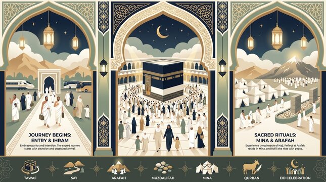 Muslim pilgrims gather for hajj rituals at sacred Kaaba site under moonlit skies