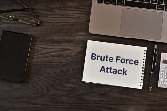 Secure technology and Brute Force Attack on notebook with laptop, glasses, calculator. Cyber security, protection and digital trust.