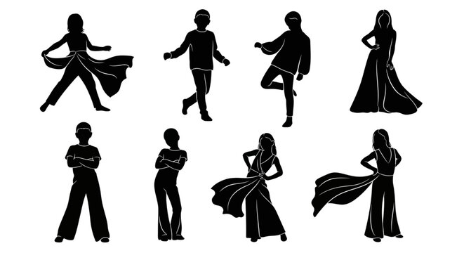 Set of black silhouettes of dancers in elegant dynamic poses