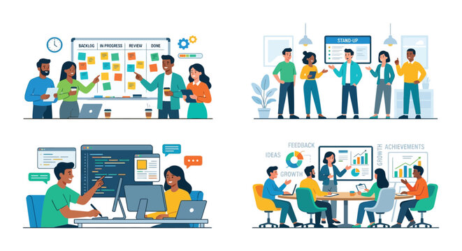 Agile team collaboration illustration with kanban board and daily stand up