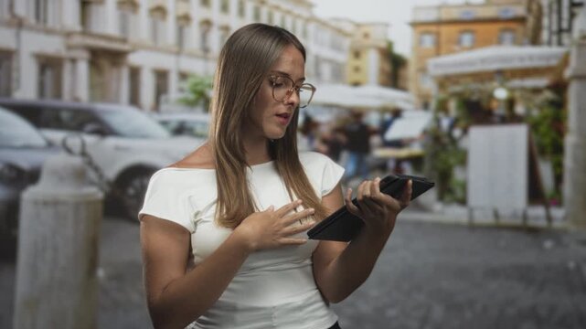 Young hispanic brunette woman wearing glasses holds a tablet with one hand and presses her other hand to her chest while reading aloud on a cobbled street cafe; sincere reflection.