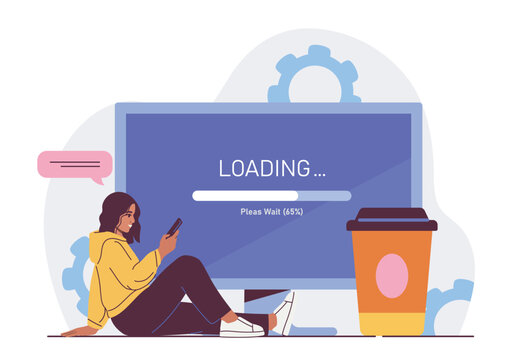 A woman sits using her phone beside a large monitor showing a loading bar in a flat style on a clean white background, expressing waiting and progress concepts. Hand-drawn vector illustration