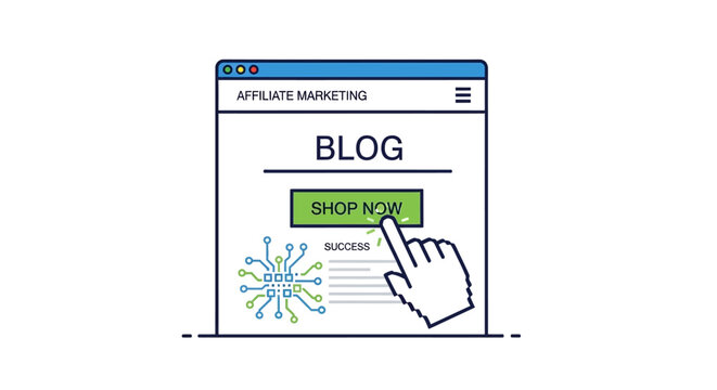 Vector Illustration of Affiliate Marketing Blog with Clickable 'Shop Now' Button and Circuit Board Icon - Business Growth Concept
