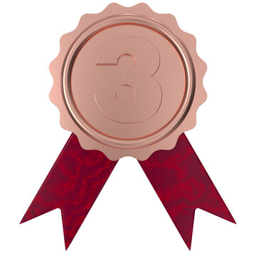 Bronze Award Medal with Number Three Ribbon 3D Achievement Icon Isolated on Transparent Background