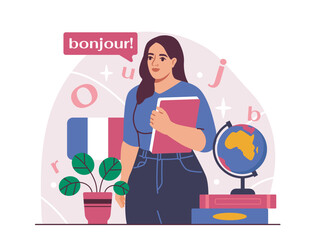 A young woman holding book with French flag, plant and globe in clean graphic style on soft backdrop, concept of language learning. Hand-drawn vector illustration © 100% HAND-CRAFTED