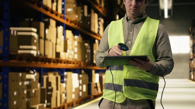 Industrial worker scanning labels of cardboard boxes for inventory accuracy. Distribution center staff ensure shipment details with AWB tags and efficiency in e-commerce order fulfillment.