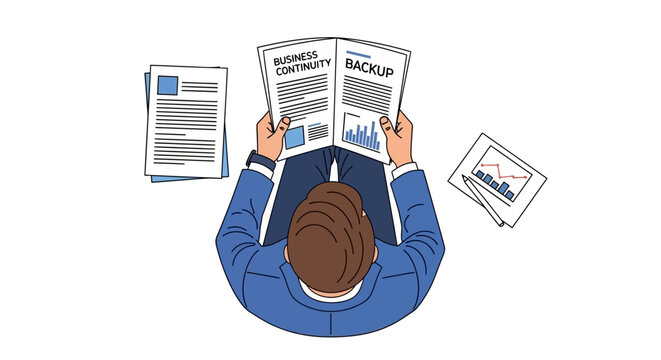 Business continuity and backup plan reading, Vector illustration for strategic planning and crisis management with charts and documents
