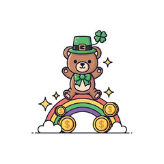 Obraz premium Cute St Patricks Day Bear on Rainbow with Gold Coins and Clover.