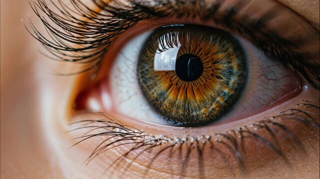 Intriguing Gaze: A captivating close-up of a human eye, a window to the soul, reveals a mesmerizing kaleidoscope of colors and intricate details, inviting introspection and wonder.