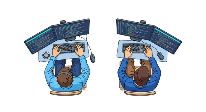 Top View Vector Illustration of Two Programmers Collaborating on a Project at Desks with Multiple Monitors, Coding Together