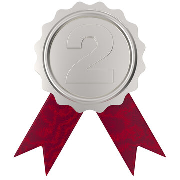 Silver Award Medal with Number Two Ribbon 3D Achievement Icon Isolated on Transparent Background