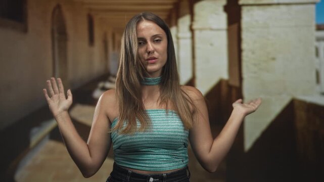 Woman palms up shrug in a stone building corridor with green striped strapless top visible; confusion uncertainty.