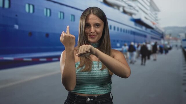 Young woman shows middle finger and clenches fist at port beside a blue cruise ship, bare arms visible; defiance attitude.