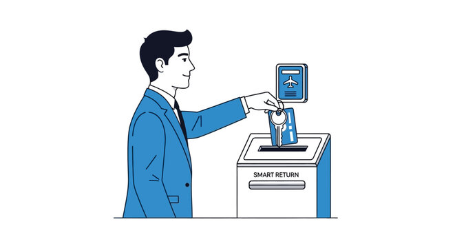 Vector illustration Man performs a contactless hotel key return, depositing a room card into a smart drop-off box for seamless, efficient check-out