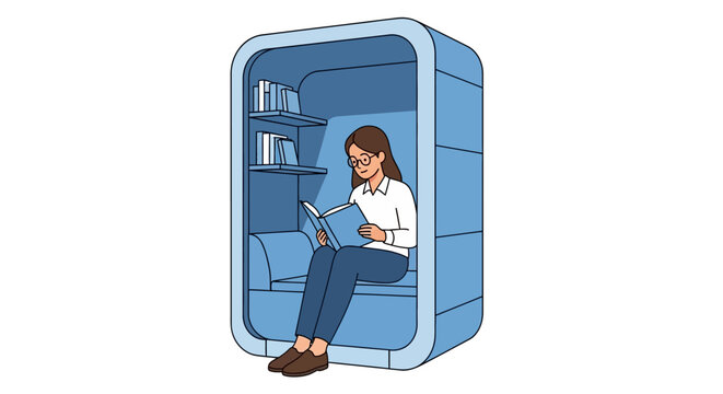 Vector Illustration of a Woman Reading in a Modern Private Study Pod with Bookshelves, Ideal for Corporate or Educational Spaces