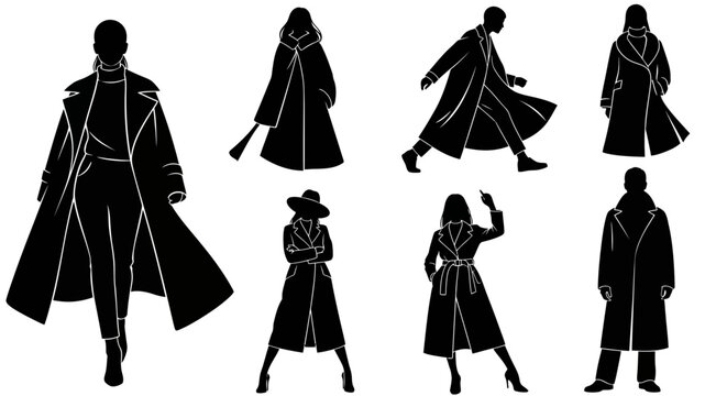 Fashionable people silhouettes in long coats, stylish winter collection