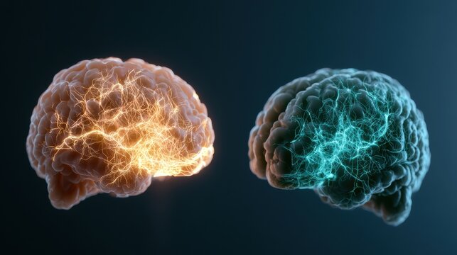 Two brain structures show different neural pathways glowing in amber and teal colors, representing diversity and uniqueness in brain function.