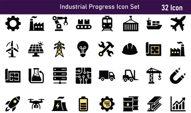 Labor day industrial progress icon set celebrating workers and innovation.