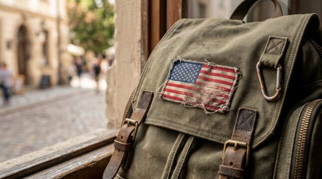 Military style backpack with american flag patch on cobblestone street