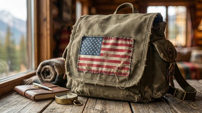 Worn canvas backpack with american flag patch on wooden bench