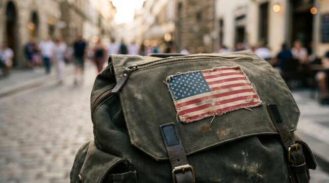 Military backpack with American flag patch on cobblestone street