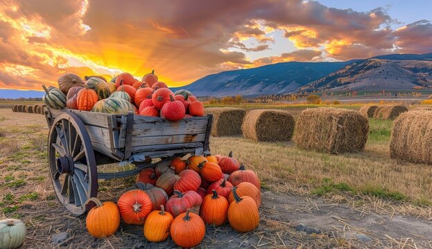 Pumpkins, squash in cart, harvest. Field, hay bales, sunset. Use fall season